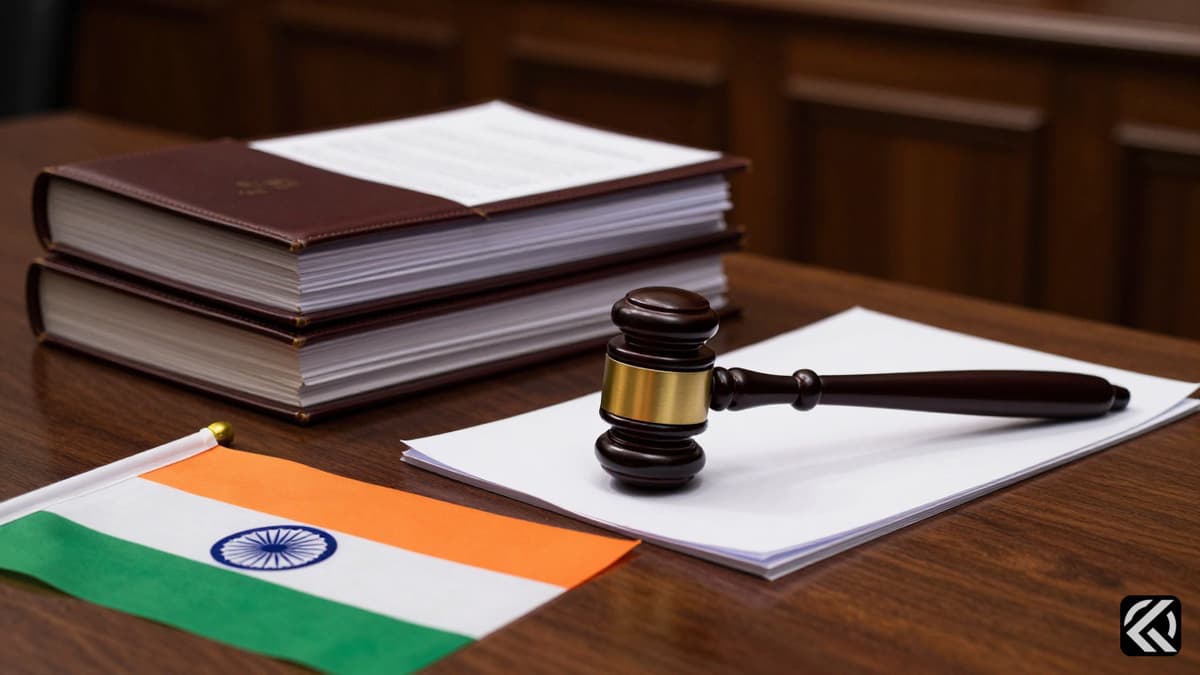 Legal documents and gavel on desk with Indian flag symbolizing court case.
