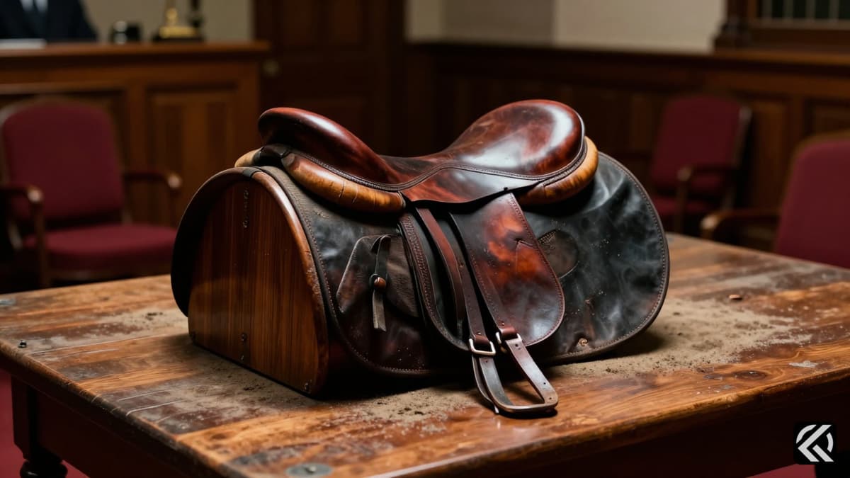 A leather saddle on a wooden desk in a political setting