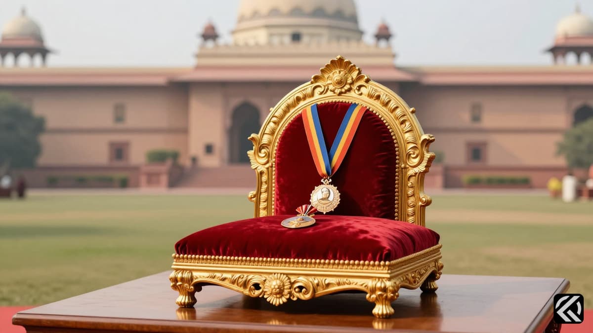 Golden medal and ribbon on velvet cushion at Rashtrapati Bhavan