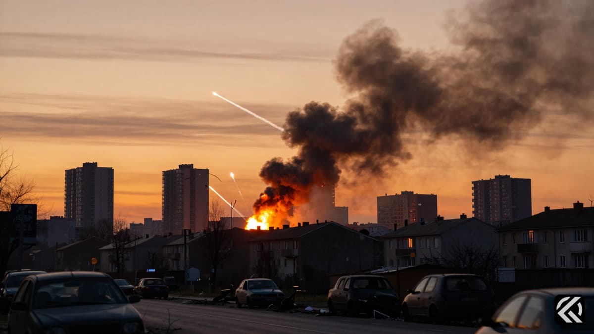Dusk skyline of a city under attack with bright orange explosions and black smoke rising from buildings.