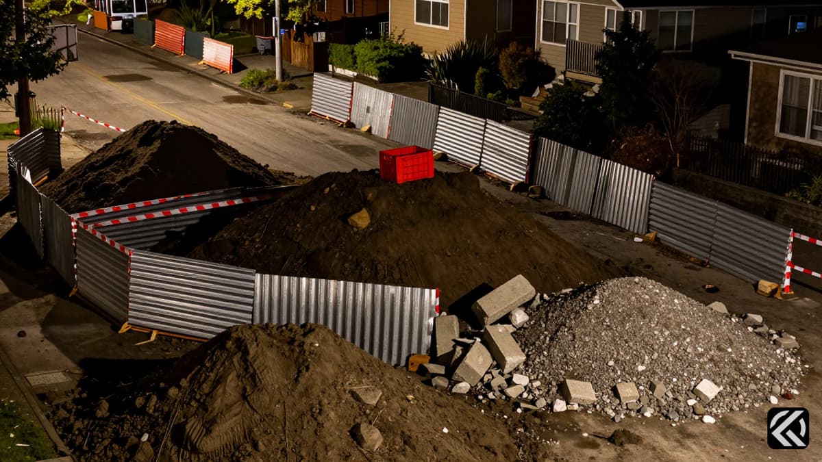 Piles of concrete and dirt block a Seattle street at night with reflective tape and a red crate.