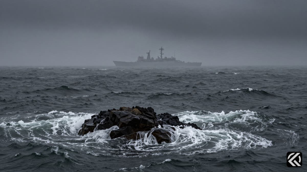 Stormy ocean with naval vessel silhouette symbolizing US-Iran conflict and Strait of Hormuz tension.