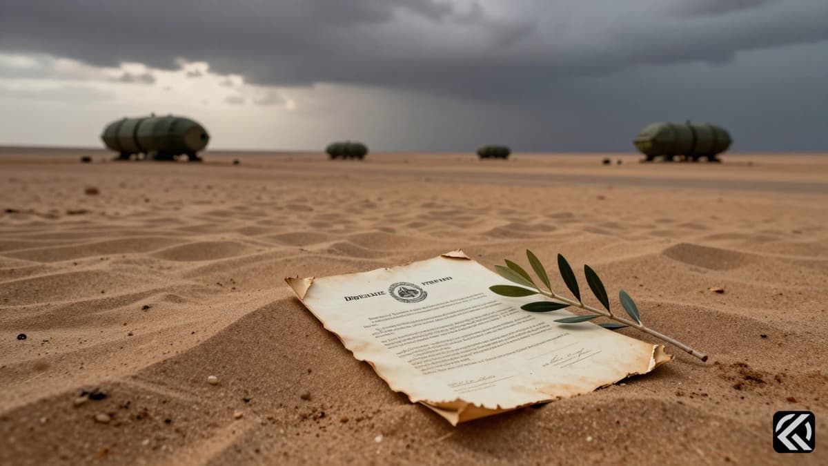 Desert missile silos at dusk with a treaty document on sand symbolizing diplomacy.