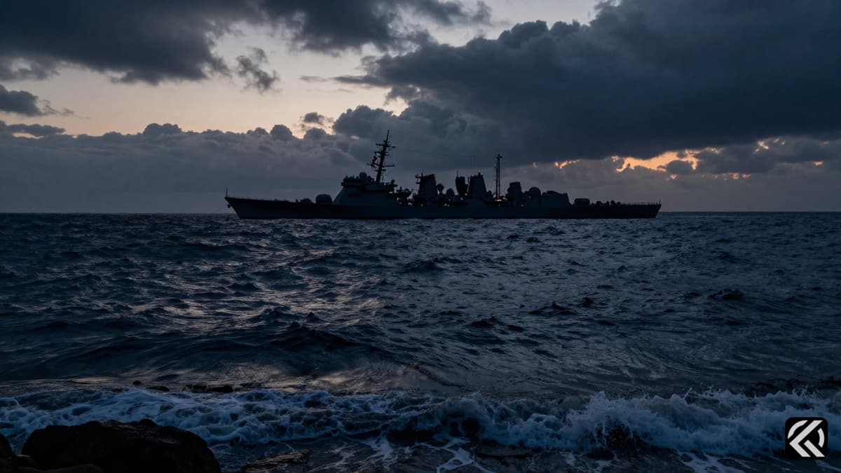 Warship on turbulent sea horizon symbolizing US-Iran military tension.