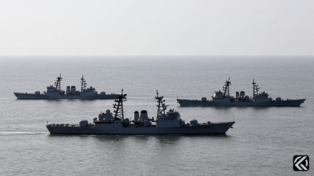 Naval ships on calm ocean waters symbolizing military presence in geopolitical tensions