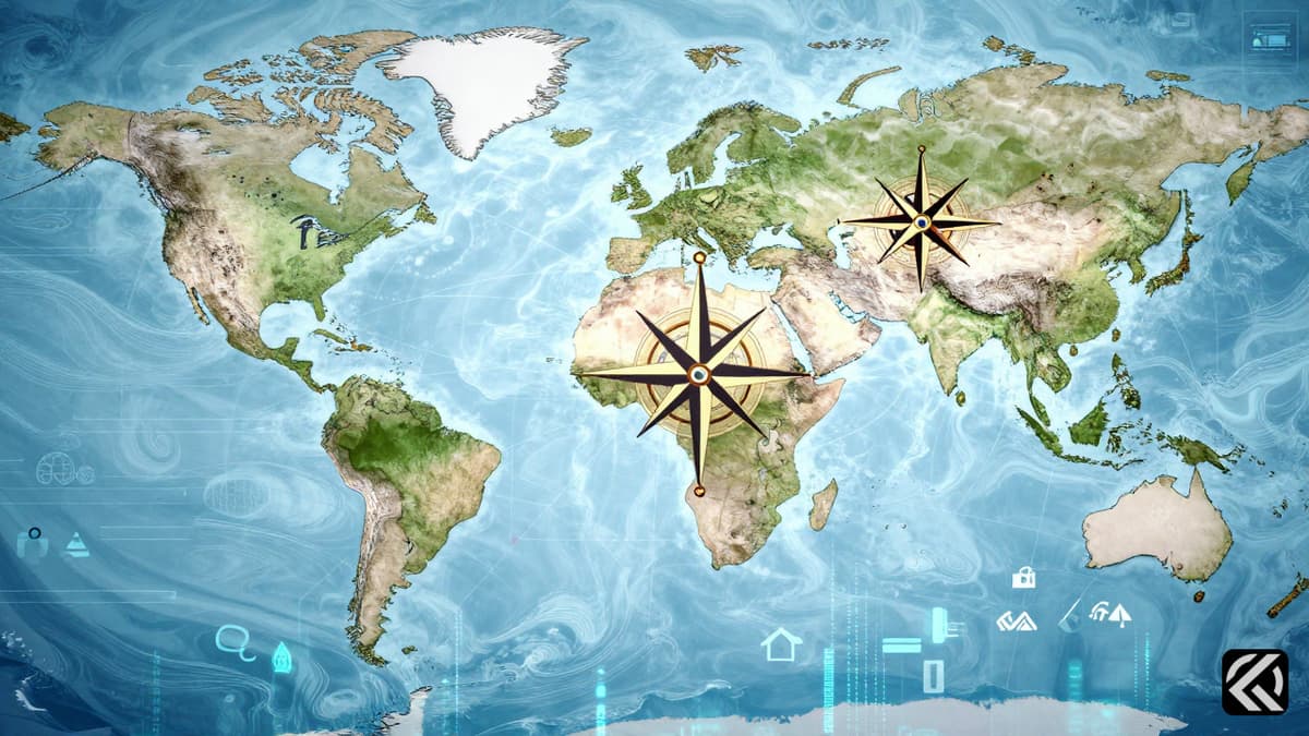 Symbolic map showing four connected compasses and maritime waves representing Quad cooperation