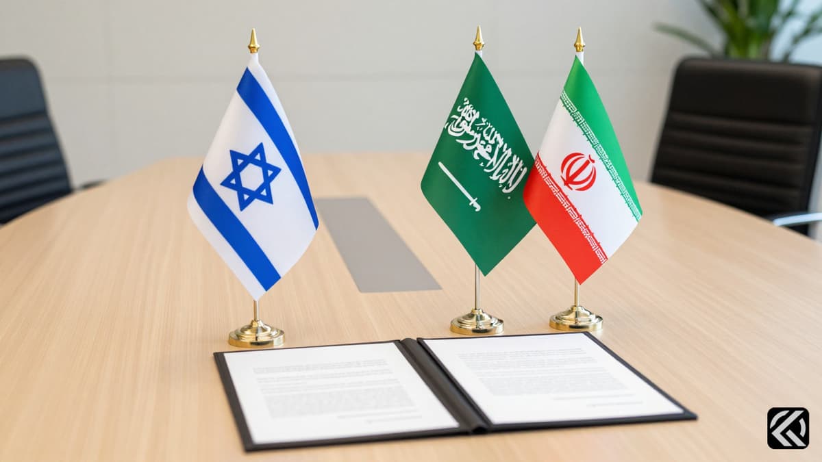Diplomatic flags of Israel, Saudi Arabia, and Iran on a negotiation table.