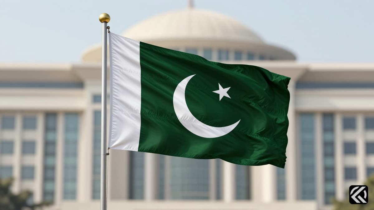 Pakistan national flag waving in front of diplomatic buildings symbolizing official foreign policy.