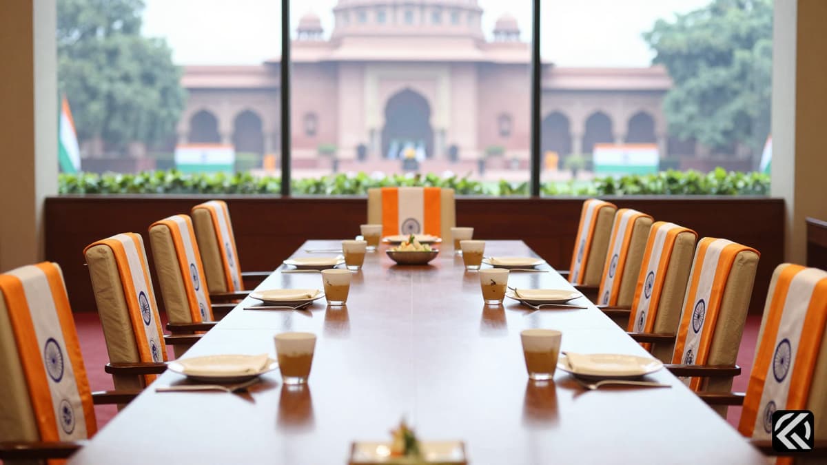 Empty conference table at Karnataka Bhavan with party banners waiting for officials.