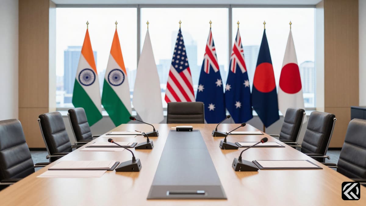 Diplomatic conference table with flags of India, US, Australia, and Japan symbolizing Quad cooperation.