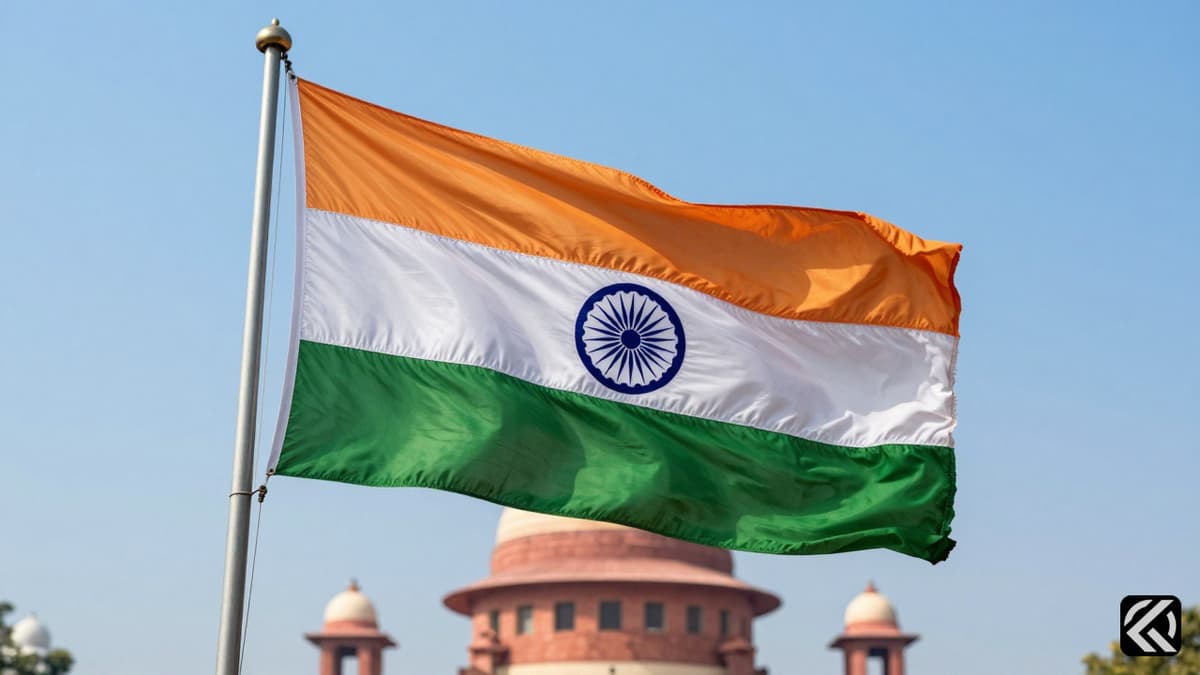 Indian flag waving against sky with blurred government building background