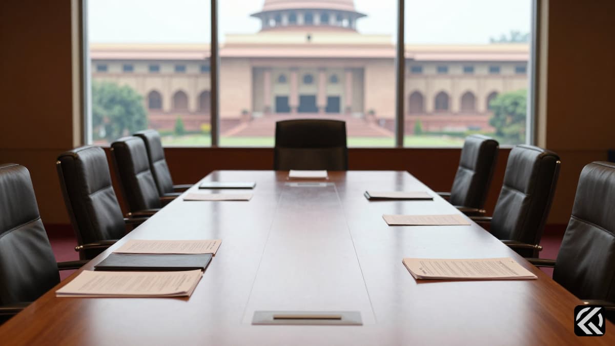 Empty conference table in Delhi government office symbolizing stalled political talks.