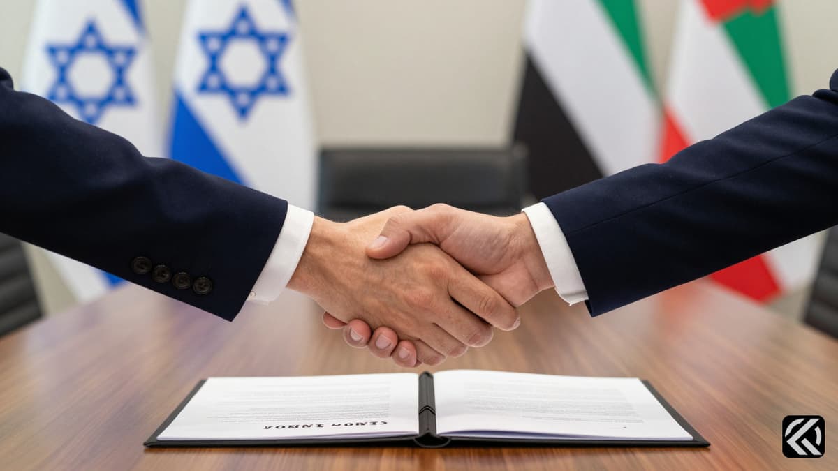 Diplomatic handshake over documents with Israeli and UAE flags symbolizing peace accords
