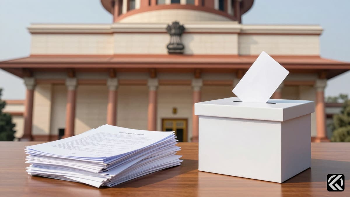 Indian Supreme Court building with legal documents and ballot box symbolizing electoral judgment
