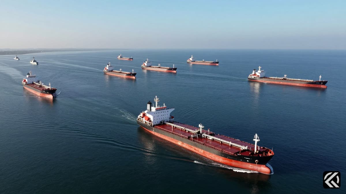 Aerial view of oil tankers in a strategic strait with distant military vessels