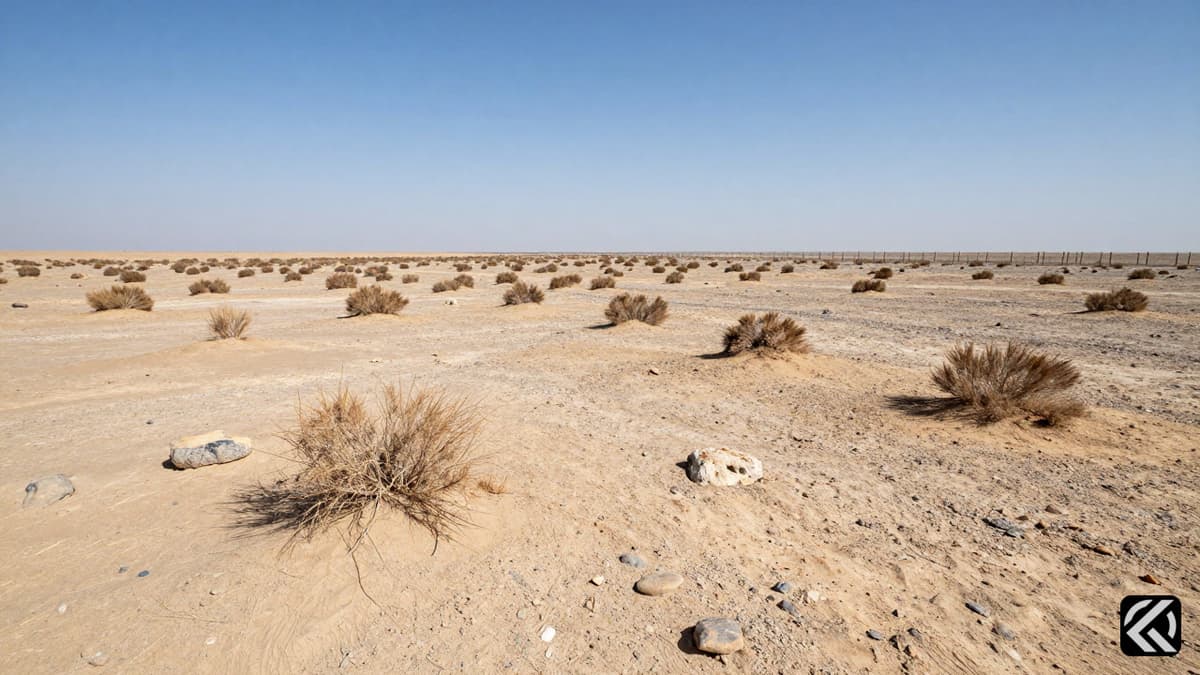 Arid desert landscape with a distant wire fence marking the border area under a clear blue sky.