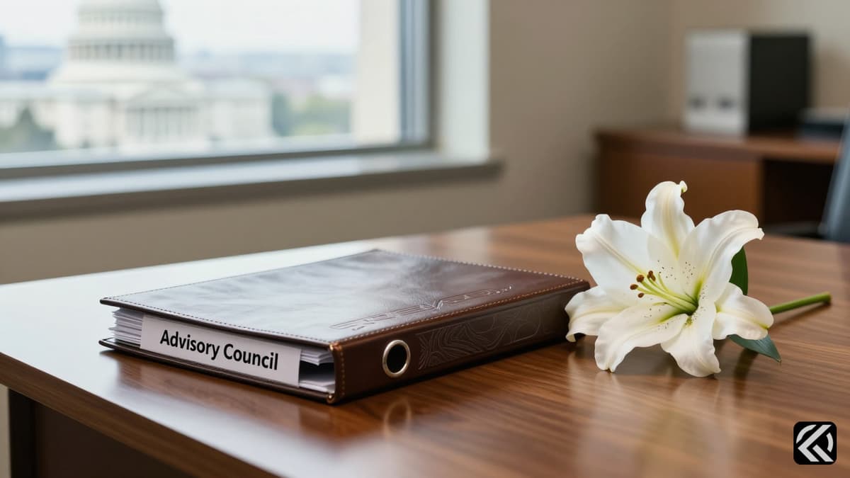 Symbolic representation of professional transition and health challenges with advisory documents and a white lily on a desk.