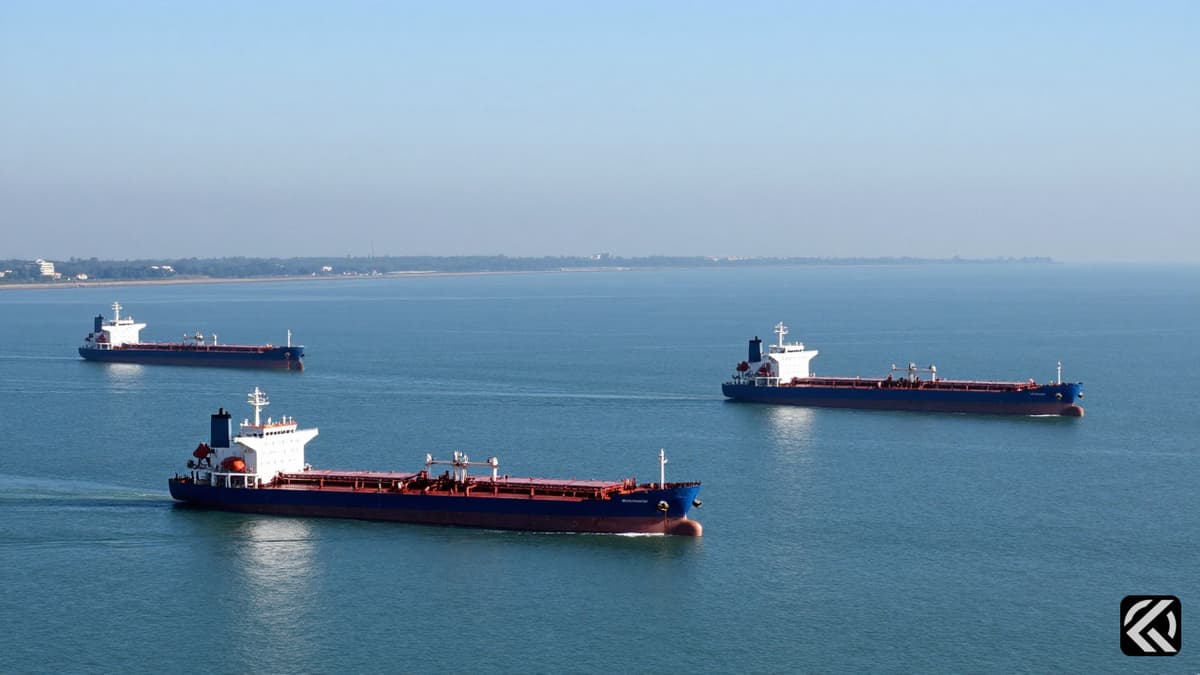 Commercial tankers navigating the strategic waterway of the Strait of Hormuz under clear skies.