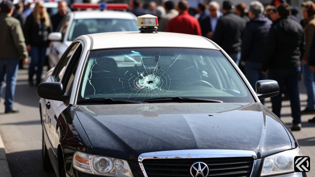 Shattered windshield of an official vehicle amidst a crowd.