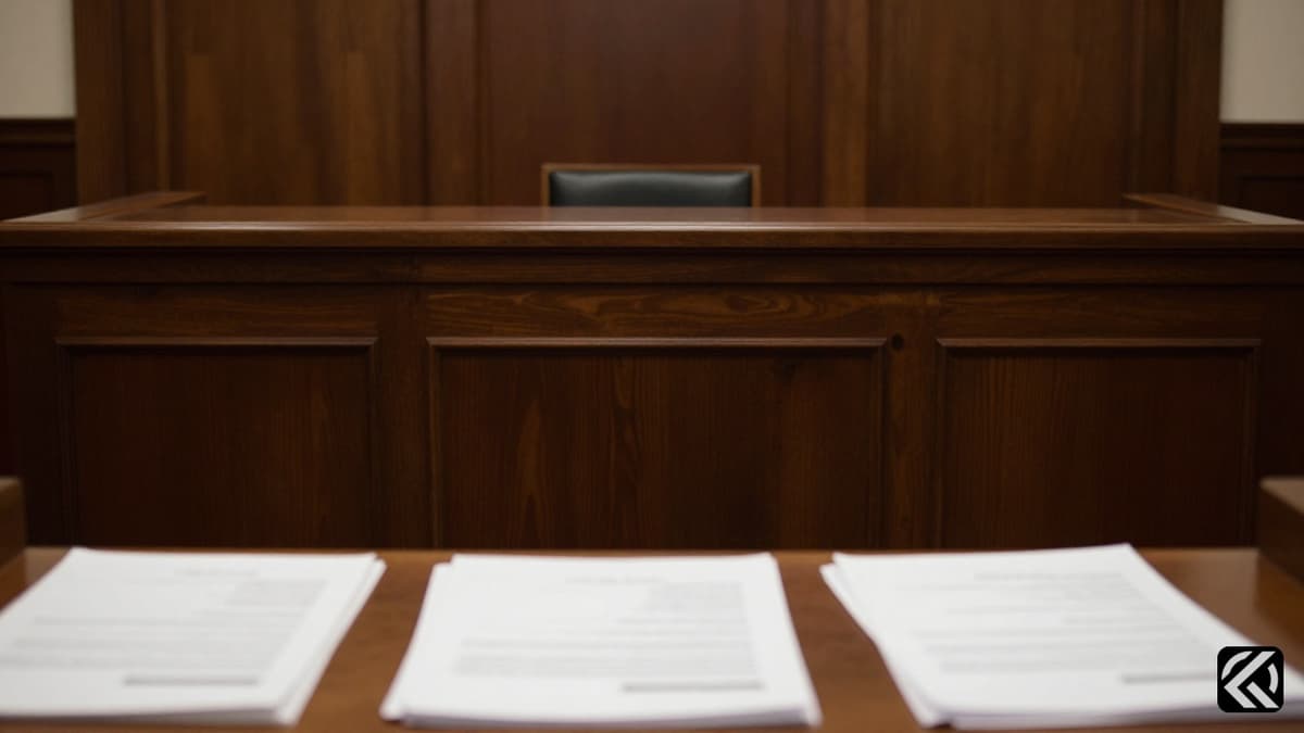 Solemn courtroom scene with judge's bench and documents.