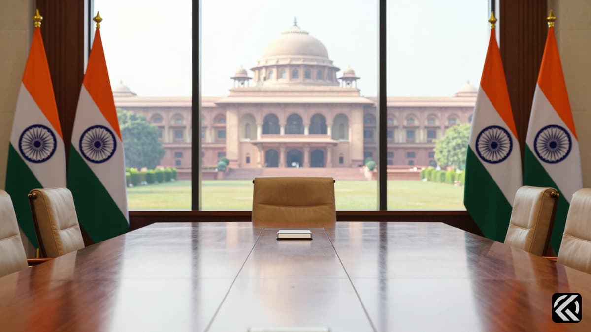 Formal meeting table with Indian and Tamil Nadu flags in New Delhi