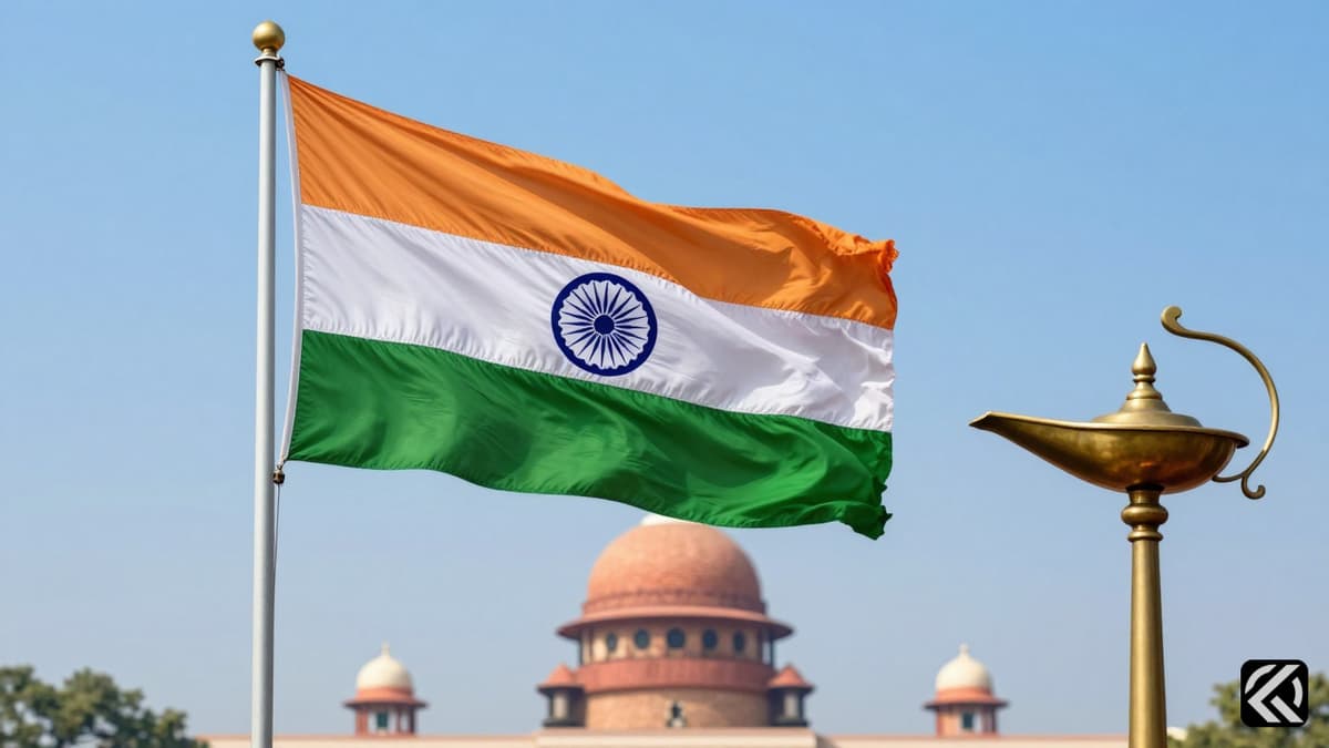 Indian flag and traditional lamp symbolizing political transition
