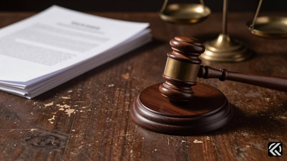 Wooden gavel and scales of justice on a desk symbolizing legal proceedings.