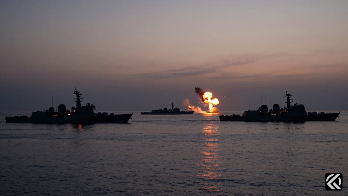 Military vessels and explosions at Strait of Hormuz symbolizing US-Iran conflict