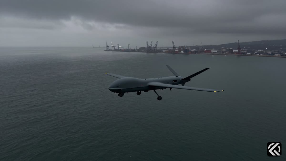 Military drone flying over stormy waters near a port city, symbolizing conflict.