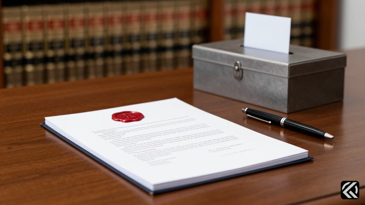 Official desk with sealed legal document and ballot box symbolizing election commission processes