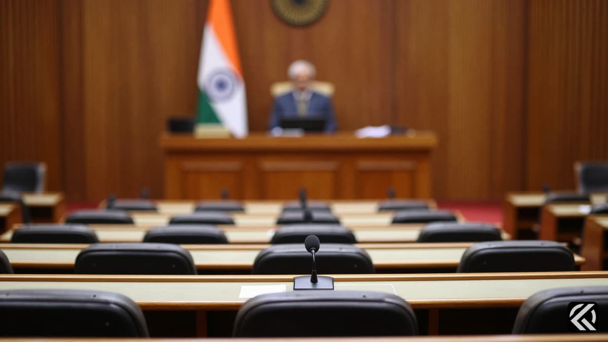 Indian Lok Sabha chamber with microphones and flags symbolizing political accountability