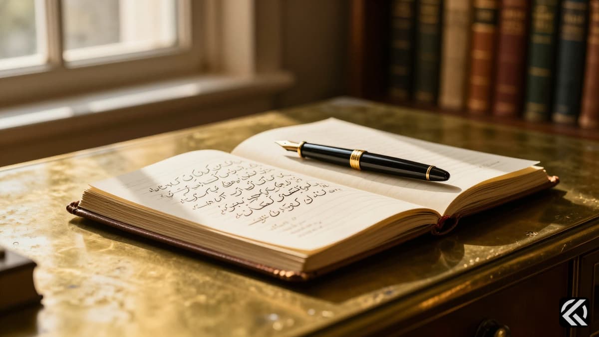 Antique brass desk with open notebook featuring Urdu script and fountain pen in library.