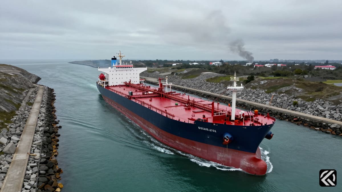 Oil tanker navigating a narrow, smoke-filled strait under overcast skies, symbolizing global energy trade tensions.