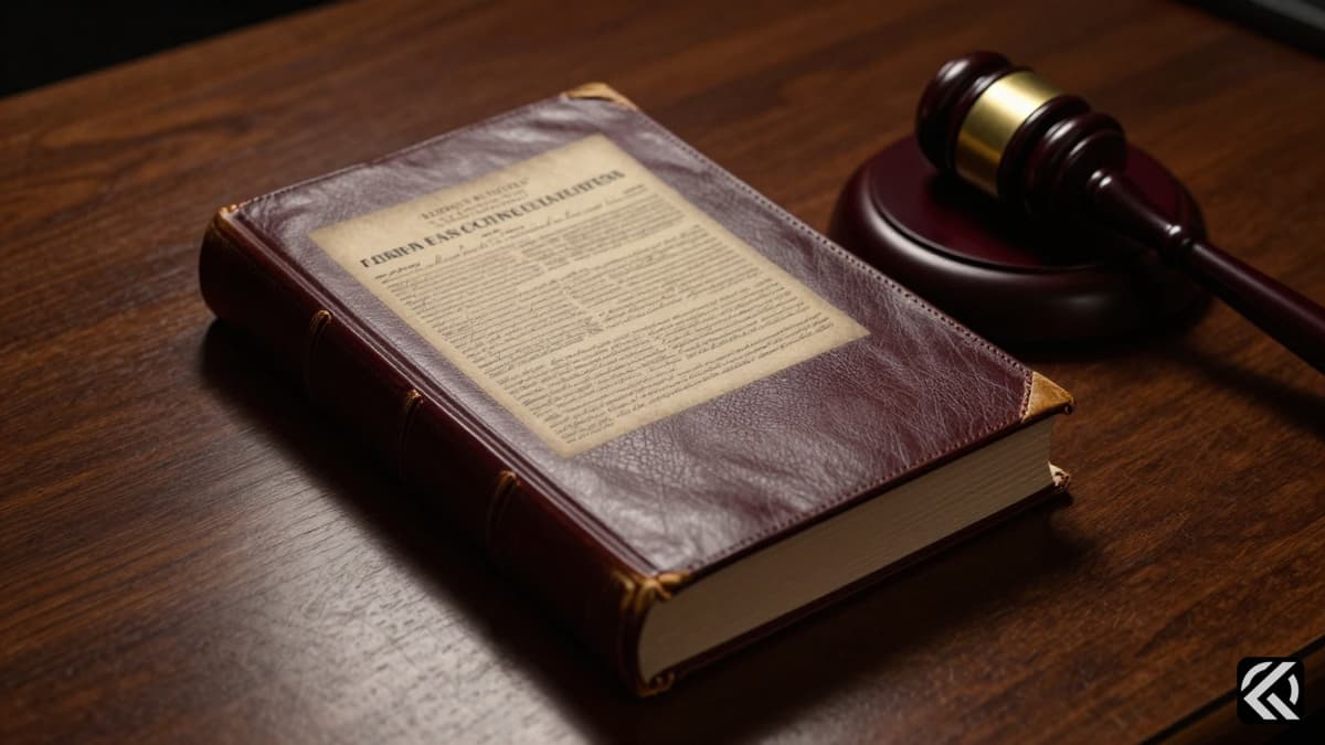 Symbolic representation of justice with a gavel and law book on a desk.