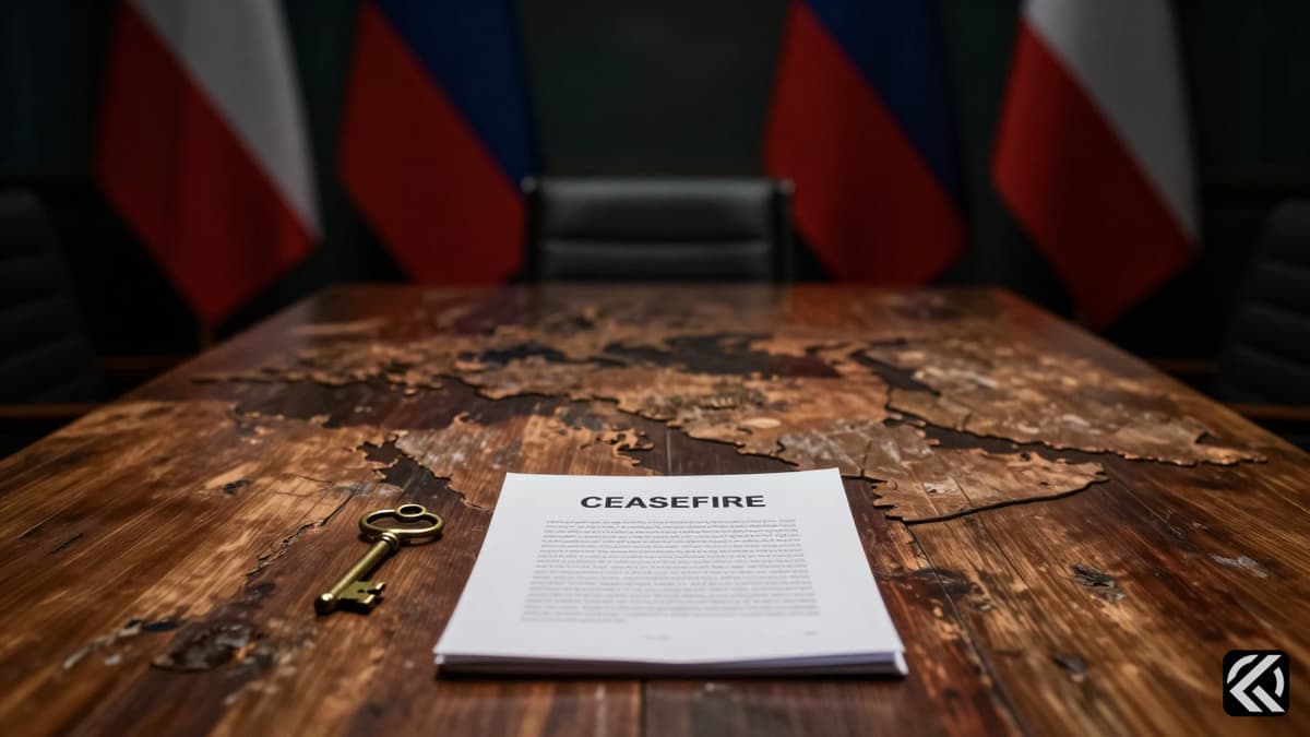 Symbolic negotiation table with a ceasefire document and a key overlooking a map of the Persian Gulf region.