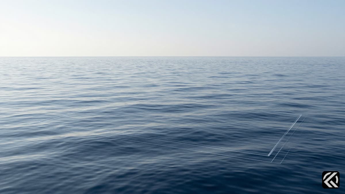 Calm ocean waters with subtle symbolic maritime boundary lines floating above the surface.