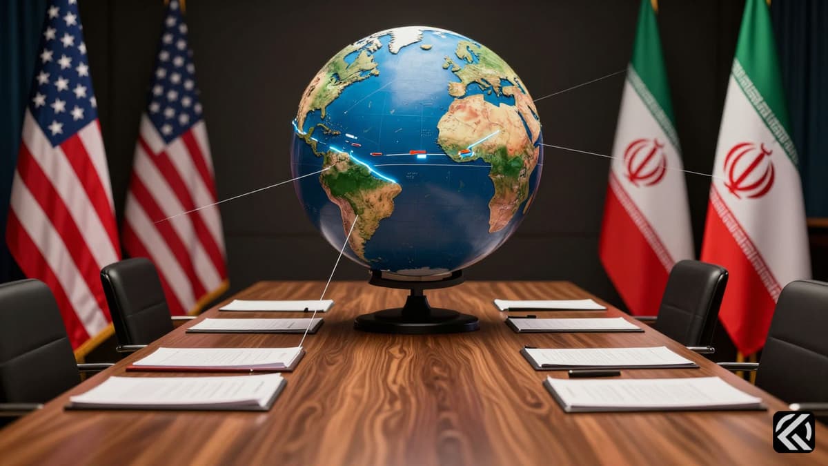 Diplomatic table with US and Iranian flags and a globe highlighting the Strait of Hormuz
