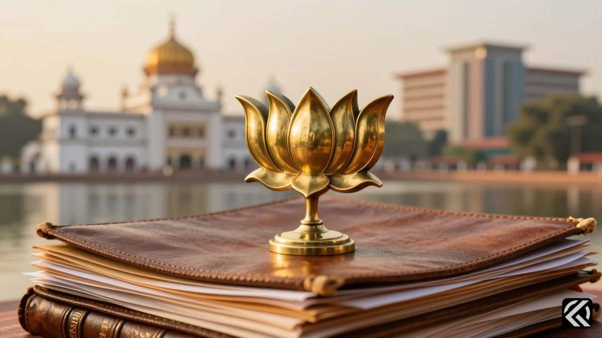 Brass lotus symbol on files symbolizing BJP political leadership changes in Punjab governance.