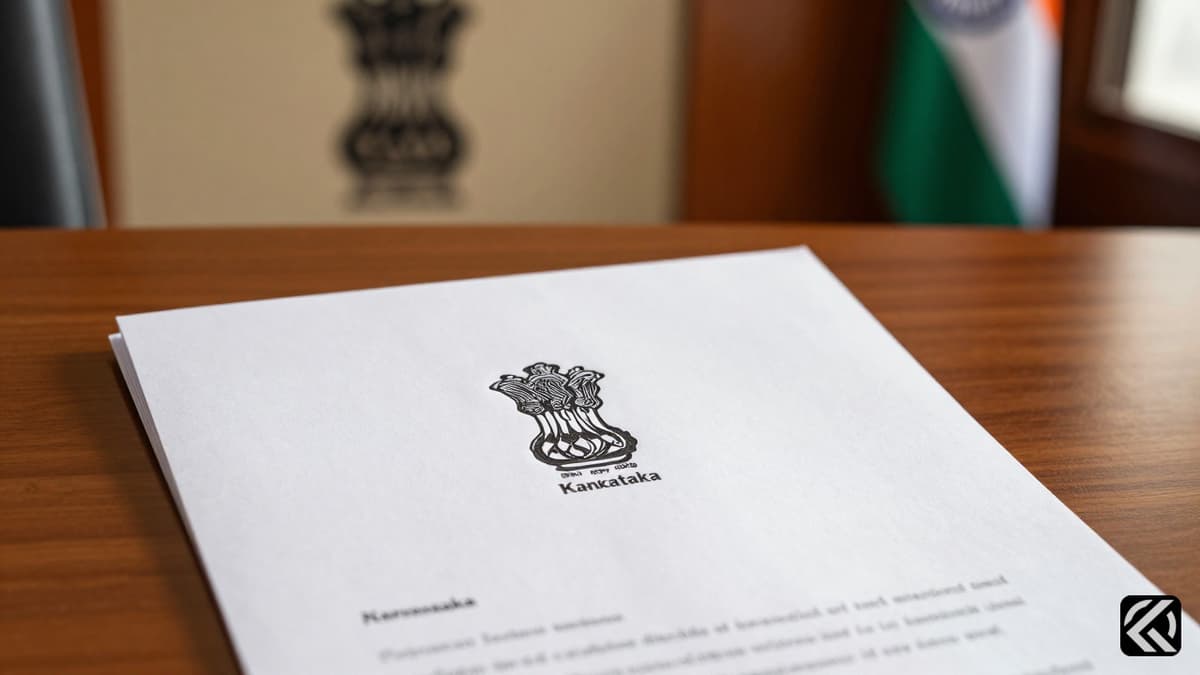 Official Karnataka government seal on document with Congress party symbol in background