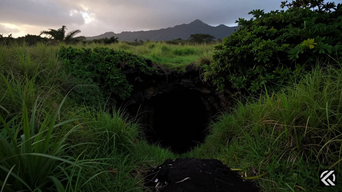 Shadowy cave entrance in lush Hawaiian grass at dusk symbolizing a concluded police search.