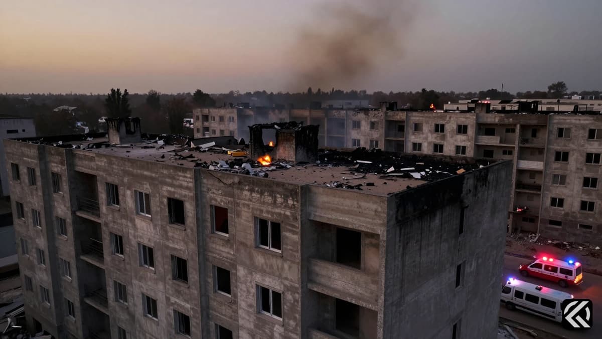Damaged apartment building roof after Russian drone strike in Romania with emergency vehicles