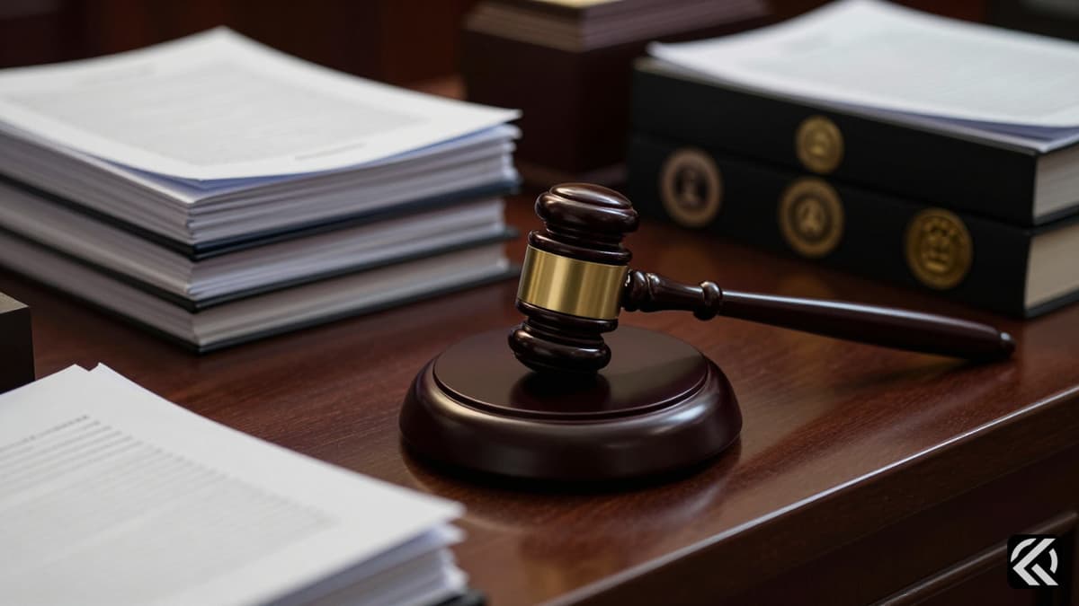 Gavel and legal files in a courtroom symbolizing judicial proceedings.