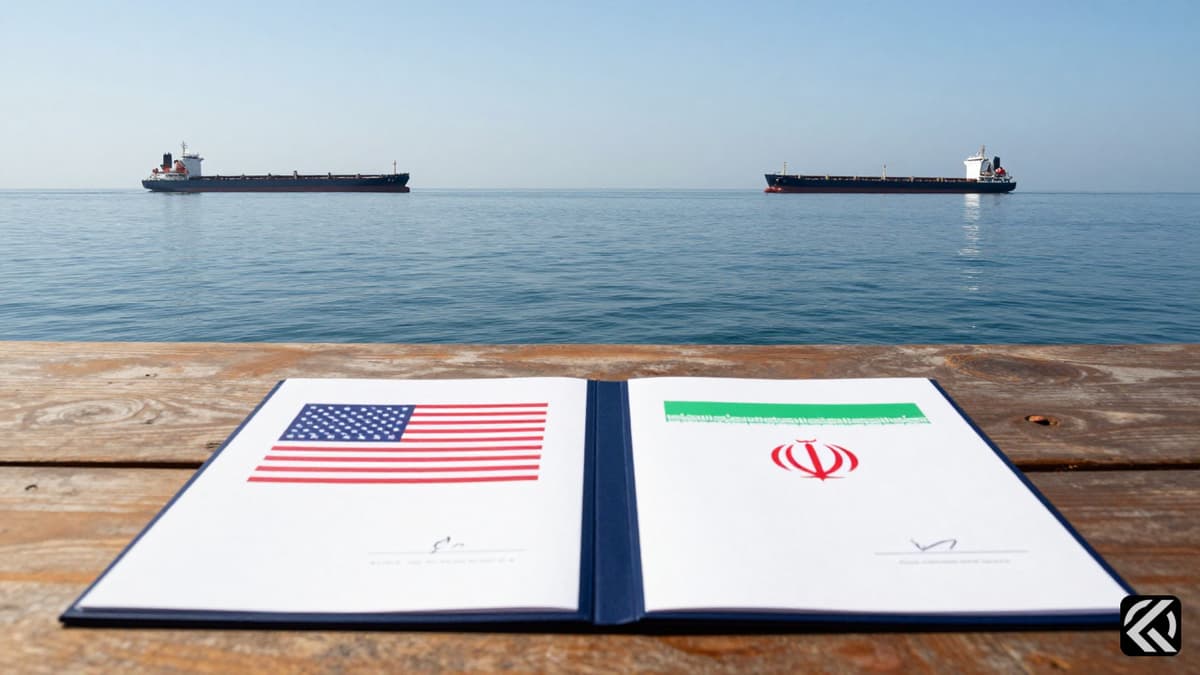 Diplomatic documents on a table overlooking a calm waterway with cargo ships, symbolizing a peace deal.