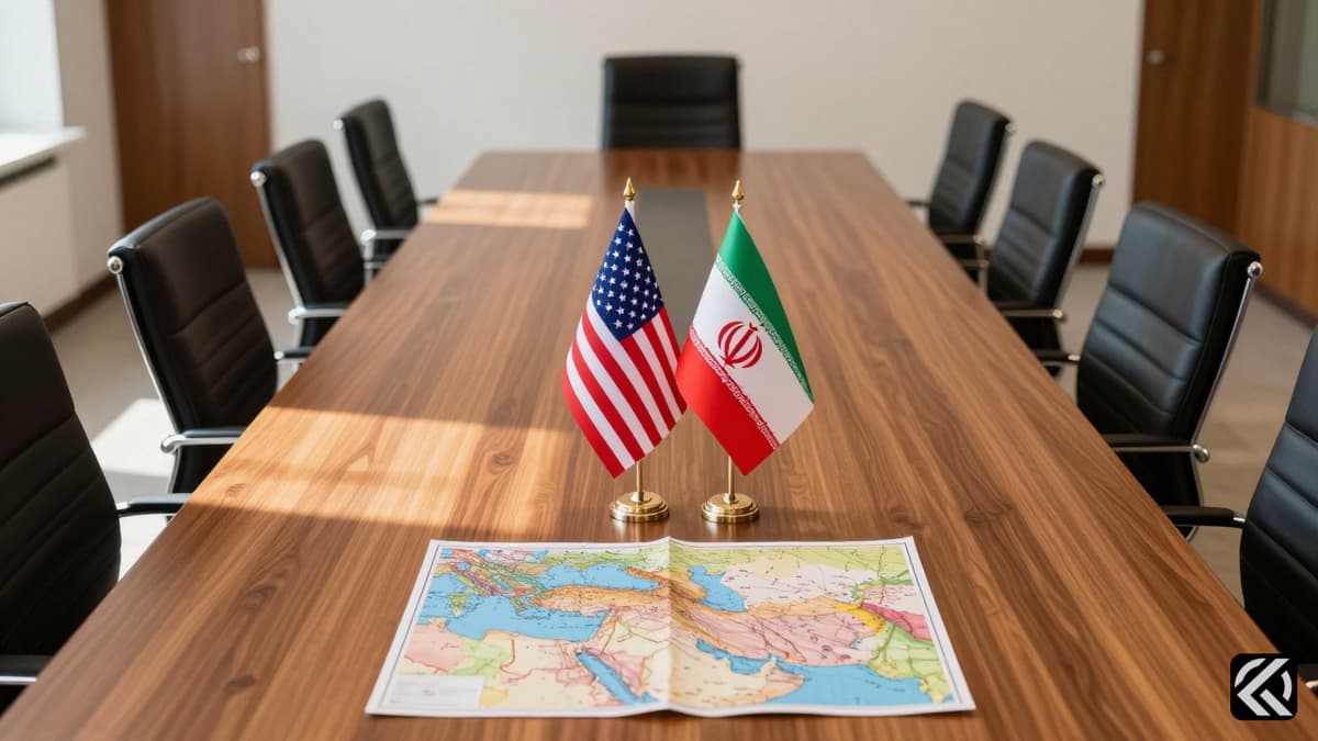 Diplomatic table with flags and map symbolizing peace talks.
