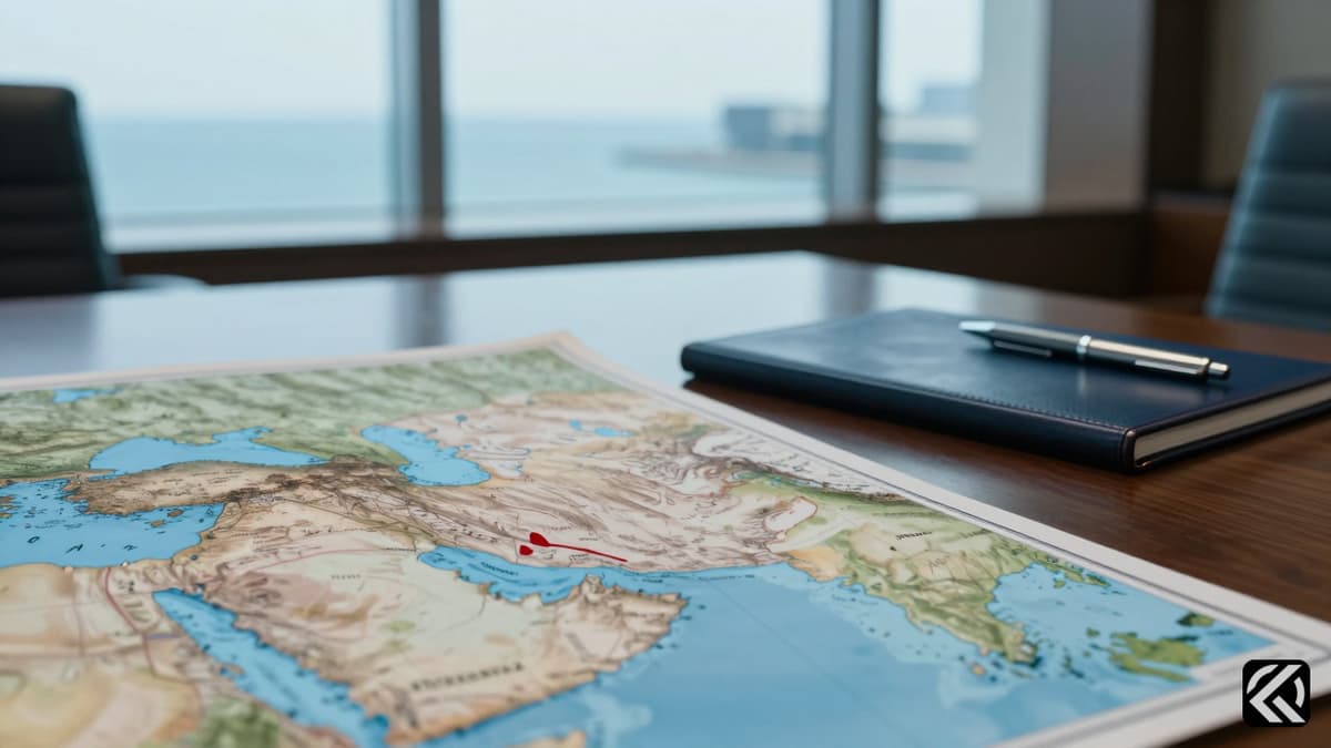 Diplomatic map of Strait of Hormuz on table near closed agreement folder