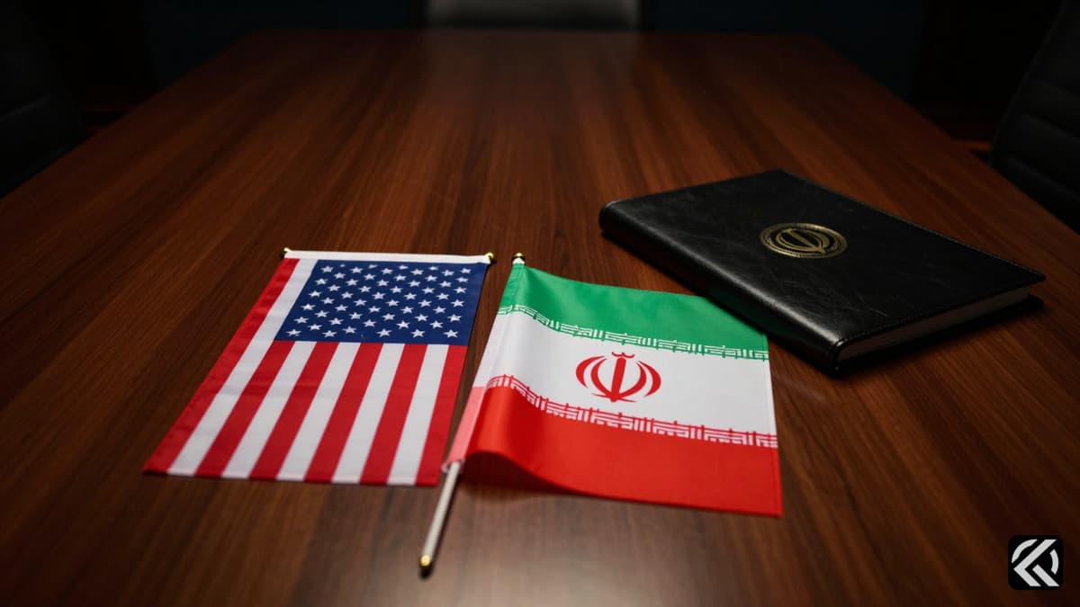 US and Iranian flags on a negotiation table symbolizing diplomatic tension.