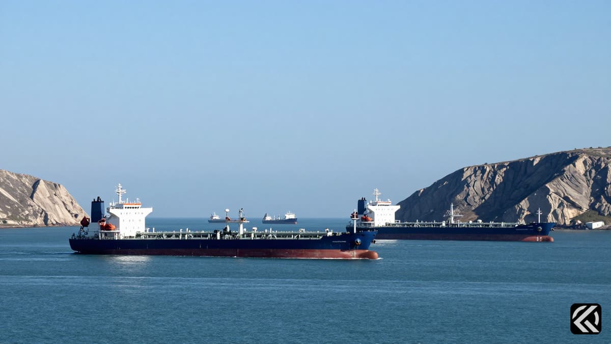 Commercial oil tankers navigating the narrow waters of the Strait of Hormuz under clear skies.