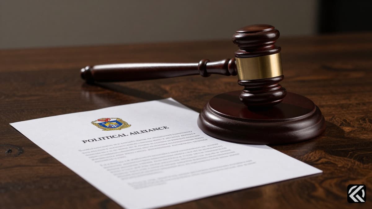 Political gavel and crumpled party document on wooden table symbolizing political crisis.