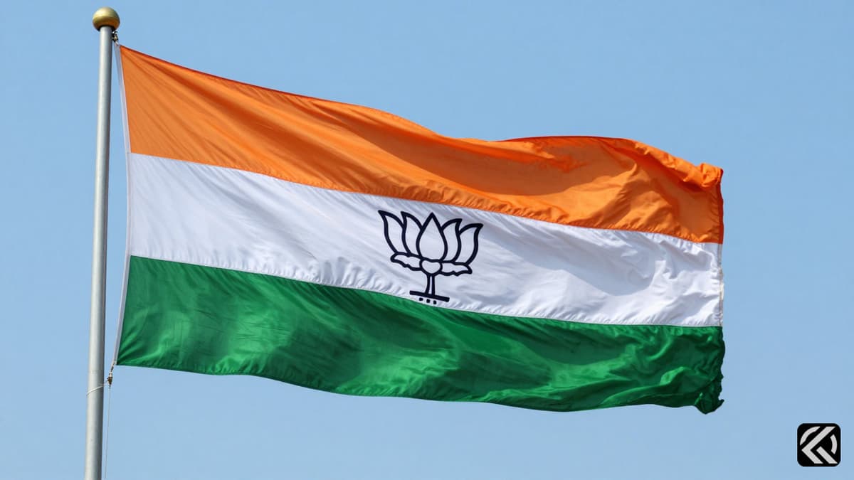 Indian political party flags representing the Congress party and others against a clear sky.