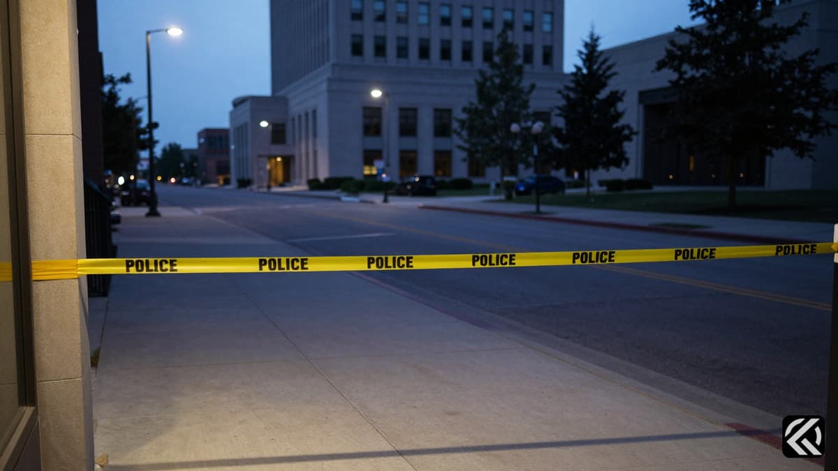 Yellow police tape blocking a sidewalk entrance to a large detention facility building at dusk.